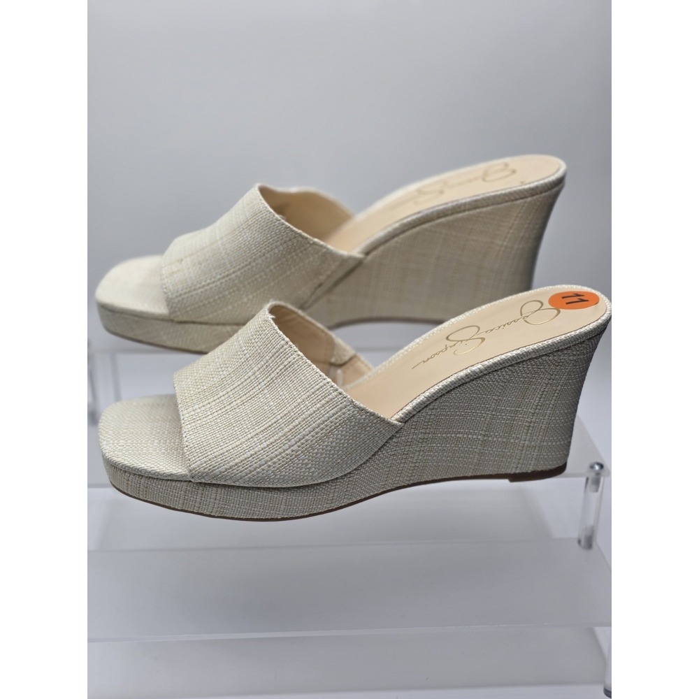 Jessica Simpson woven platform wedge slide sandals open square toe Beige Sz 11